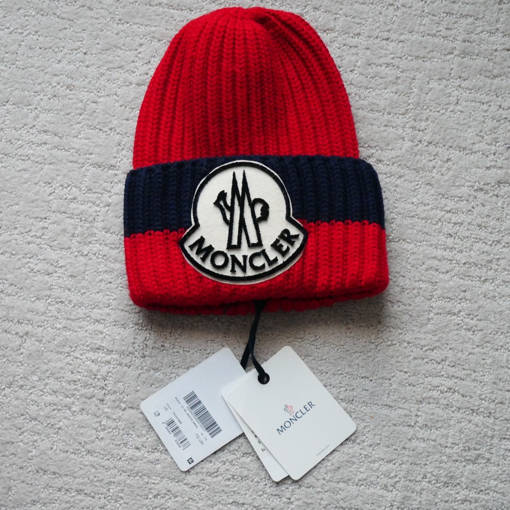 Moncler Berretto Tricot Red Navy Blue Ribbed Knit Beanie Hat D20919922700 969AQ